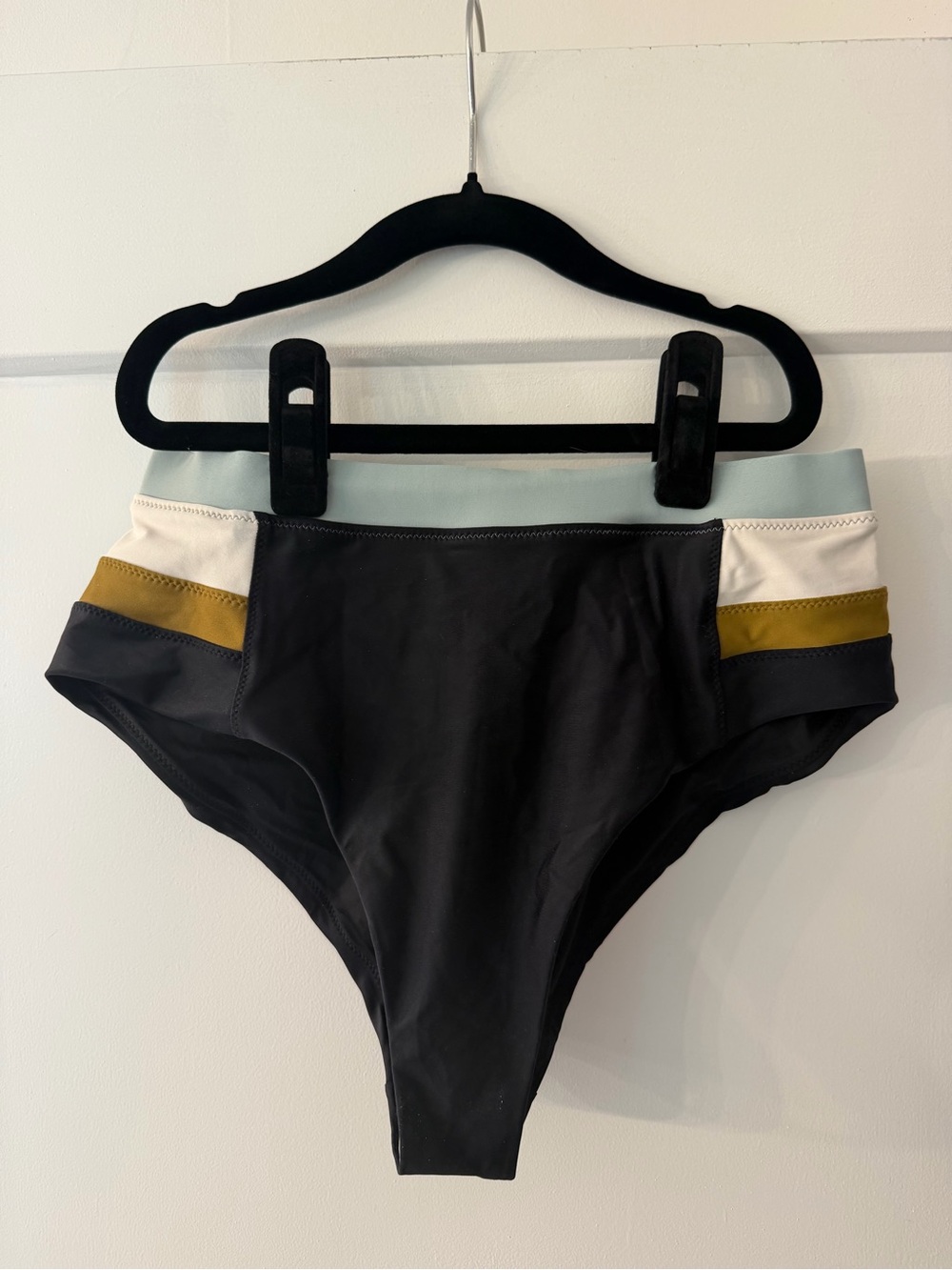 Prana Colorblock High-Rise Swim Bottoms in Black, Olive, Cream & Light Blue